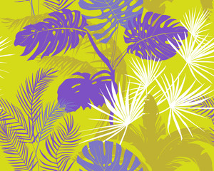 Fototapeta na wymiar seamless pattern on a GREEN KHAKI background of purple and white silhouettes of tropical plants and their leaves, Washingtonia palm, banana palm, monstera