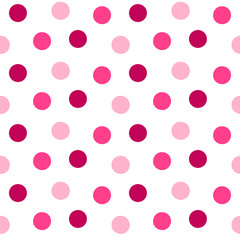 Simple polka dots on a white background in different shades of pink. Vector seamless pattern.