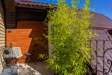 Balcony of country house for rest and relaxation. Evergreens create an atmosphere of calm. On balcony near brick wall there are two chairs and table for tea drinking in morning and evening hours.