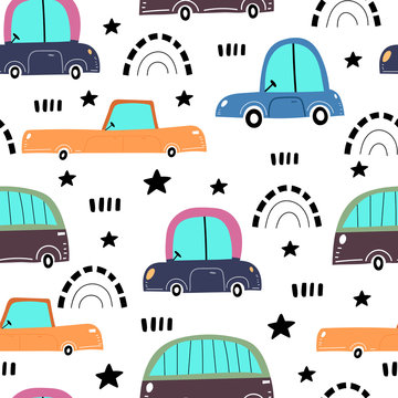 seamless pattern with cartoon cars, decor elements. colorful vector for kids, flat style. Baby design for fabric, textile, print, wrapper.