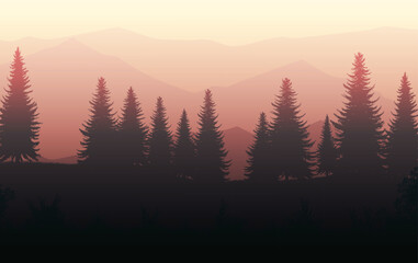  Nature forest Natural Pine forest mountains horizon Landscape wallpaper Sunrise and sunset Illustration vector style colorful view background