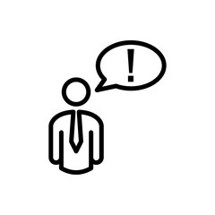 Símbolo atención. Icono plano lineal hombre con exclamación en globo en color negro