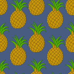 Whole ripe pineapple with leaves on blue background. Colored vector seamless pattern. Cartoon style. Design for fashion prints, posters, cards, fabric, wallpapers, backdrops, panels, pilows.