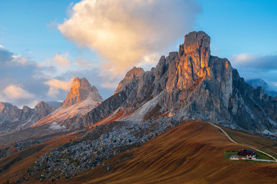 Passo di Giau, Monte Gusela at behind Nuvolau gruppe the Dolomites mountains, near the famous Cortina d&rsquo;Ampezzo city at sunset