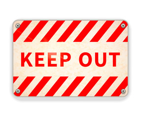 Bright glossy red and white metal plate, keep out warning sign on white