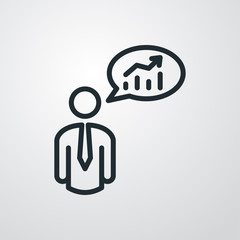 Presentación de datos financieros. Icono plano lineal hombre con gráfica en globo en fondo gris