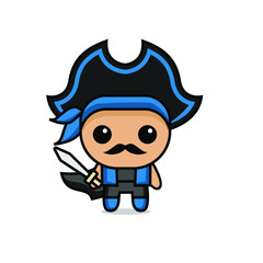 cute kawaii pirate character logo icon design vector illustration