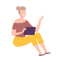 Smiling Girl Using Tablet, Young Woman Sitting on the Floor and Communicating People Flat Vector Illustration