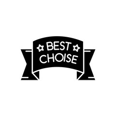 Best choice black glyph icon. Premium quality product, prestigious goods silhouette symbol on white space. Brand equity, image. Luxurious banner ribbon with stars vector isolated illustration