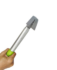 Hand holding a hammer isolated on white background. A new hammer with right hand in closeup