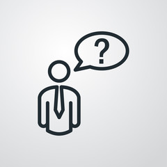 Símbolo preguntas más frecuentes. Icono plano lineal hombre con pregunta en globo en fondo gris