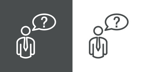 Símbolo preguntas más frecuentes. Icono plano lineal hombre con pregunta en globo en fondo gris y fondo blanco