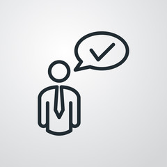 Icono plano lineal hombre con tilde en globo en fondo gris