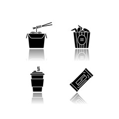 Takeaway food drop shadow black glyph icons set. Bucket of chicken wings, chinese noodles, coffee to go and snack bar. Take away meal menu. Isolated vector illustrations on white space
