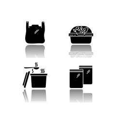 Takeout packages drop shadow black glyph icons set. Plastic bag with handles, container with lid for salad, zip packet, hot food takeaway package. Isolated vector illustrations on white space