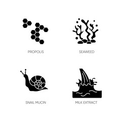 Cosmetic ingredient black glyph icons set on white space. Propolis, honey comb. Seaweed underwater. Milk extract. Cosmetology, dermatology. Silhouette symbols. Vector isolated illustration