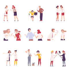 Fototapeta na wymiar Furious Female Colleagues Arguing and Shouting Set, Stressful Working Environment Flat Vector Illustration