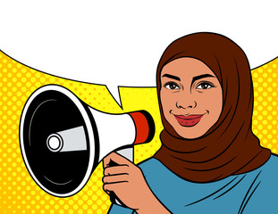 Colored vector illustration in pop art style. An Arabic woman in a headscarf with loudspeaker. Muslim woman on dotted background with megaphone. Advertising poster with woman and speech bubble
