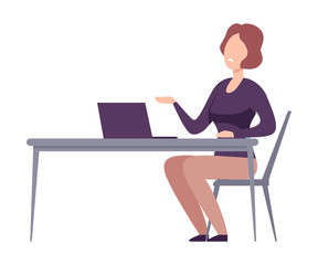 Businesswoman Character Sitting at the Desk Working at Computer and Arguing Flat Vector Illustration