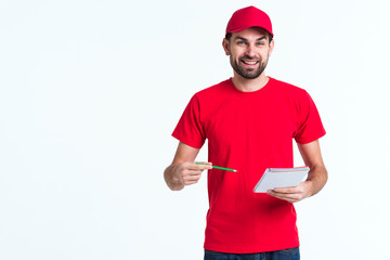 Minimalist copy space background with man signing the forms