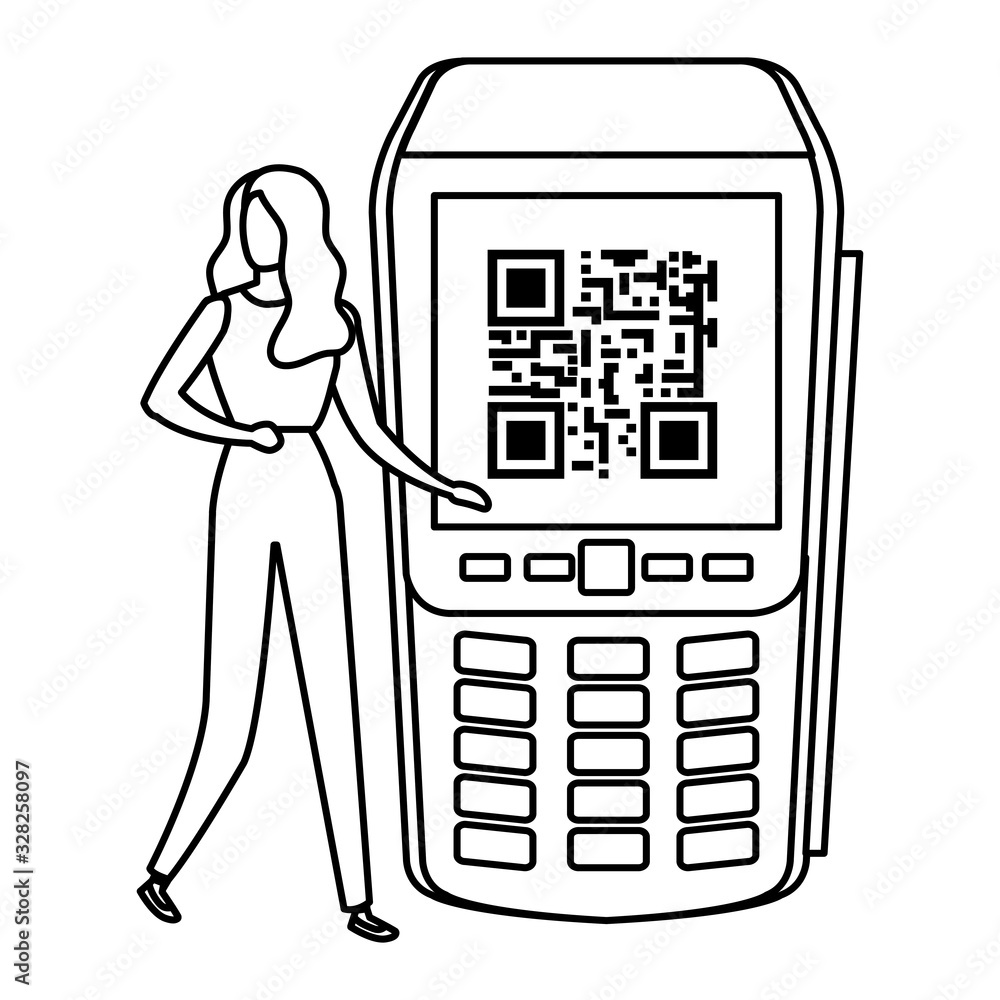 Poster businesswoman and dataphone with scan code qr vector illustration design
