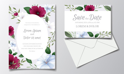 Elegant wedding invitation card template set with beautiful floral and leaves