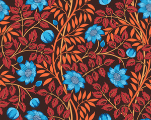 Vintage floral seamless pattern with flowers and foliage on dark background Futuristic unreal colors Vector illustration - obrazy, fototapety, plakaty