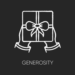 Generosity chalk white icon on black background. Virtue, selfless giving. Birthday, holiday event, special occasion celebration. Festive present isolated vector chalkboard illustration