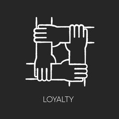 Loyalty chalk white icon on black background. Social connection, collective bonding. Friendship, unity, teamwork. People holding together hands isolated vector chalkboard illustration