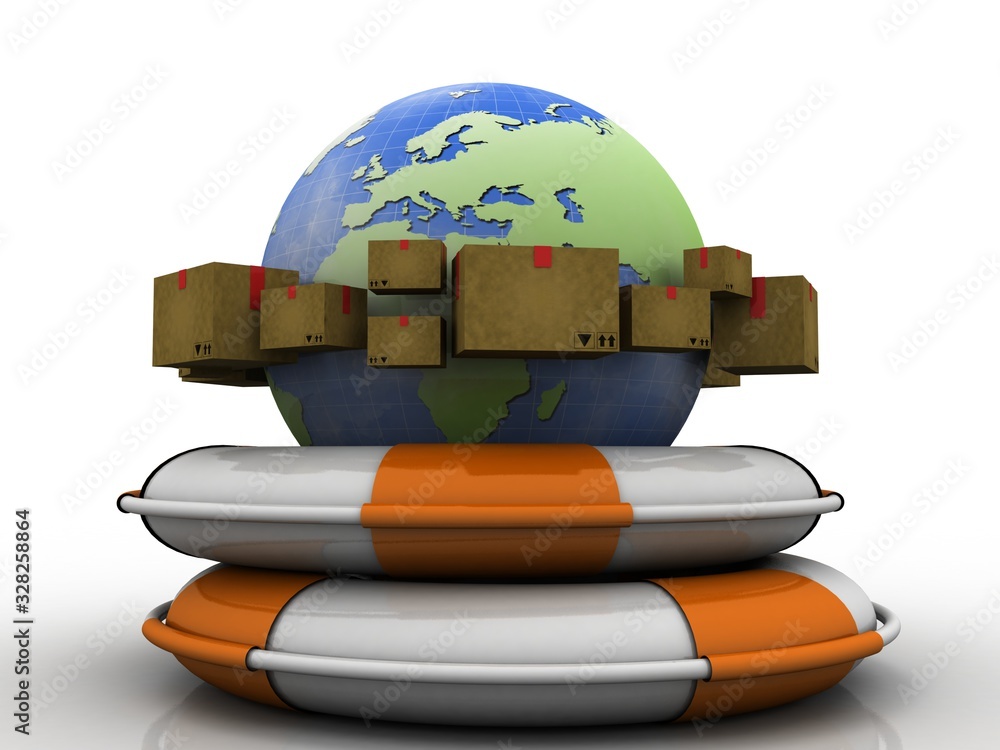 Poster 3d rendering cardboard boxes with globe in life belt