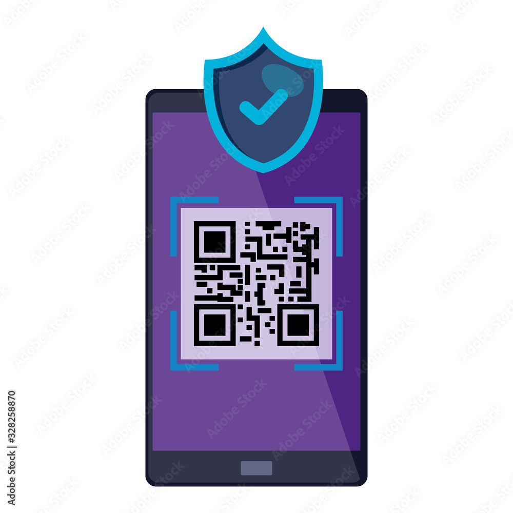 Poster smartphone device with scan code qr and shield vector illustration design