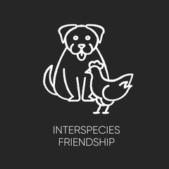 Interspecies friendship chalk white icon on black background. Bond between domestic animals, friendly relationship. Dog and chicken getting along isolated vector chalkboard illustration