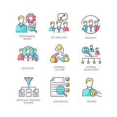 Recruitment RGB color icons set. Executive search, professional headhunting. Corporate employees search, head hunting, staff hiring. Qualified office personnel selection. Isolated vector illustrations