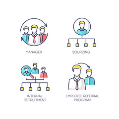 Executive search RGB color icons set. Manager, sourcing, internal recruitment and employee referral program. Professional head hunting strategies, staff hiring tactics. Isolated vector illustrations