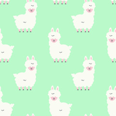 Cartoon vector llama alpaca flat style seampless pattern