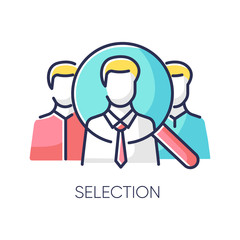 Selection RGB color icon. Executive search, professional head hunting, recruitment for vacancy, employment agency. Job candidates, recruits under magnifying glass isolated vector illustration