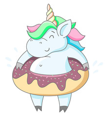 Cute fat cartoon unicorn in a donut swimming ring. Children's illustration isolated on a white background. Can be used as a picture on a t-shirt or postcard.