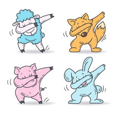 Set of cute cartoon characters in dub dance poses. Hand drawn sheep, fox, pig, rabbit doing dabbing. Vector Illustration for kids isolated on white background.