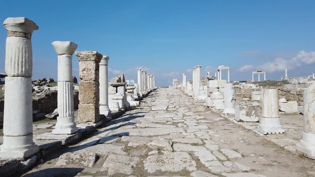 Denizli, Turkey - October 2019: Ruins of the ancient city of Laodikeia in Pamukkale, Denizli, Turkey