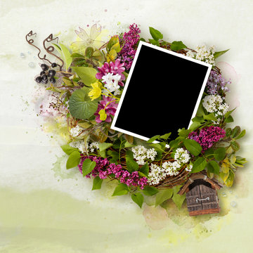 Spring scrapbook frame for photo with purple lilac on green background. Spring blossom mood. Decorative frame in scrapbook style with lilac flowers. Romantic theme. Spring, summer and flowers theme