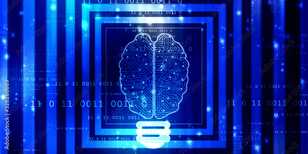 Poster 2d illustration concept of thinking, background with brain, abstract artificial intelligence. techno