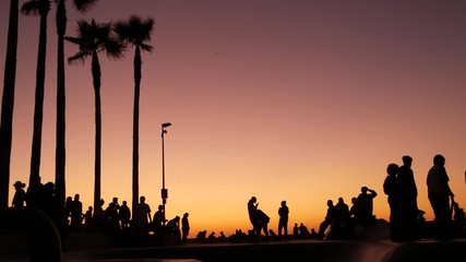 Silhouette of young jumping skateboarder riding longboard, summer sunset background. Venice Ocean Beach skatepark, Los Angeles California. Teens on skateboard ramp, extreme park. Group of teenagers - Powered by Adobe