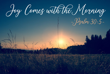 Psalm 30:5 – Joy comes in the morning written on photo with sunrise . Hand letter quote. Bible verse