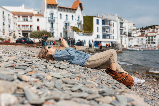 Woman doing turism in Cadaques, Catalonia, Spain.