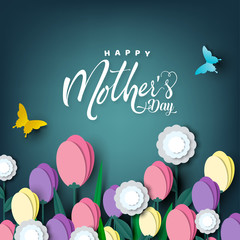 Happy Mother's day card, flower paper cut with butterfly on green background, vector illustration.