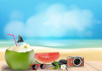 Coconut cocktail on wooden floor with summer beach background, vector illustration.