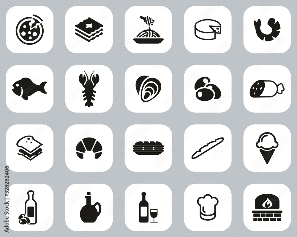 Canvas Prints Italian Traditional Food & Culture Icons Black & White Flat Design Set Big