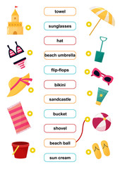 Educational game for children. Match words. Activity worksheet. Learn english vocabulary. Summer vacation. Objects for beach.