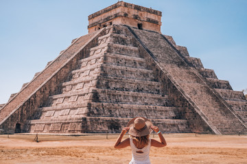 A woman enjoying travel tourism at Chichen Itza, Mayan Riviera, Mexico