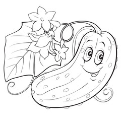 the character of a cucumber with big eyes lies among the foliage on the bed, a contour drawing, for coloring, isolated object on a white background,